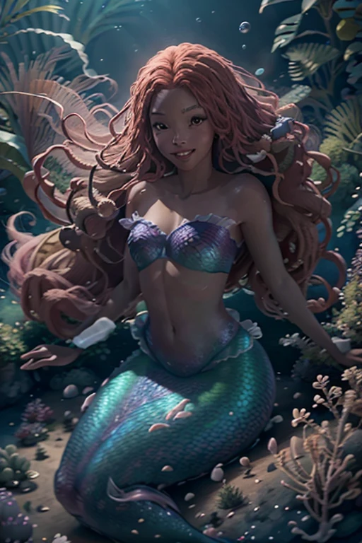 (HB_ariel) Create a highly detailed and photorealistic image of a black girl version of Disney's 'The Little Mermaid.' She should have long red dreadlocks and be portrayed in an immersive sea environment with light rays, exuding a sensual and elegant vibe. Smiling face. Utilize a long shot or medium shot to capture her in the enchanting underwater environment, emphasizing her allure. Render the image with Unreal Engine 5 and apply the Octane render plugin for lifelike results