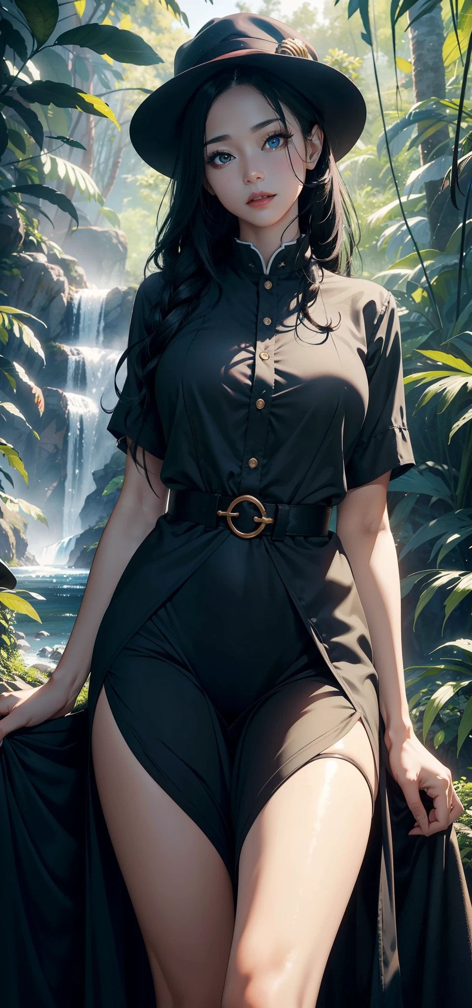 1female,45 yers old,Married woman,legs long, a slender waist, photo exposure, 独奏,(Background with:at a forest,the rainforest,in summer) She has long black hair,Redlip,The stands up,seen from the front, curlies, The sky is mostly cloudy,(((tmasterpiece),(Very detailed CG unified 8k wallpaper),Best quality,电影灯光,detailed back ground,Beautiful right eye pupil,(very delicate beautiful),(Beautiful and detailed eyes description),ultra - detailed,tmasterpiece,)),facing at the camera,A high resolution,ultra - detailed),Revealed,equipment, convex,Camel toes,Raised sexy,binh,military hat(dressed in:,green-shirt,)