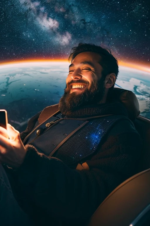 Handsome Japanese man with smartphone,a man in his 40s,Bearded,a smile,floating in space