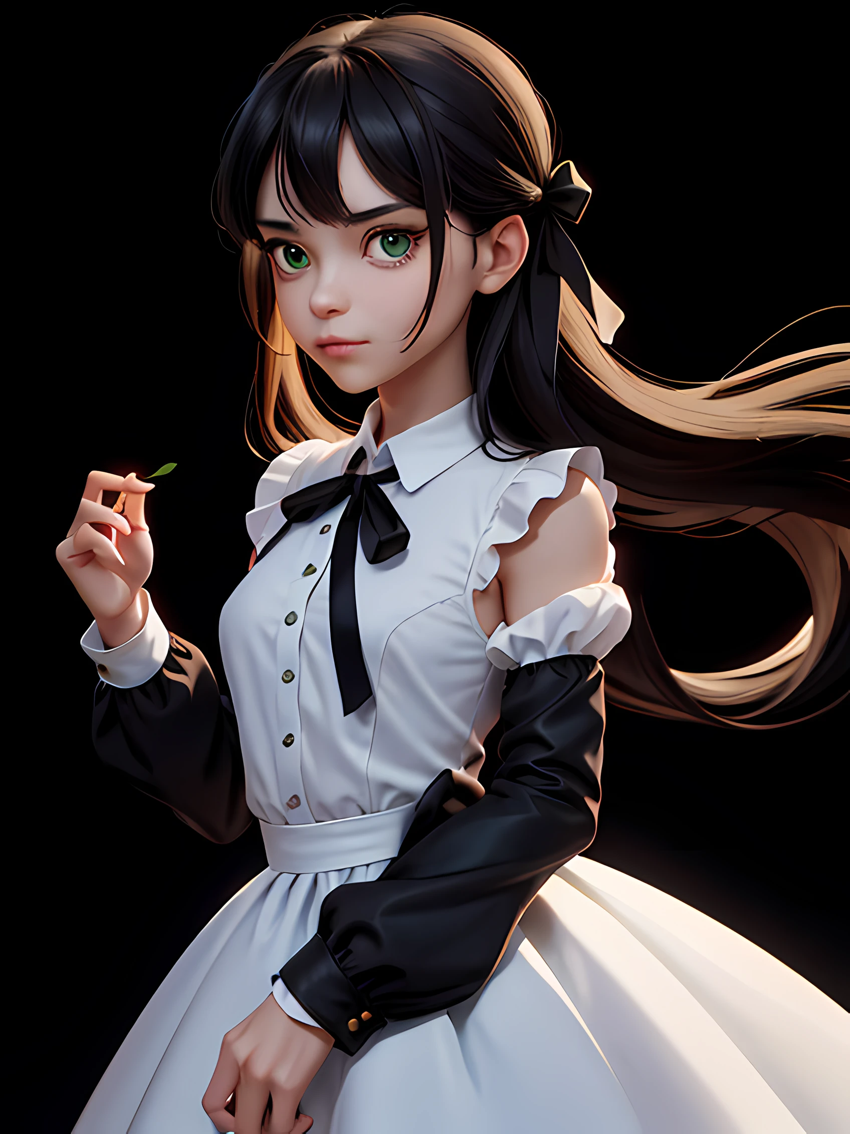 ((masterpiece, best quality)),best aesthetic,1girl, solo, long hair, black dress, flower, ribbon, black background, black hair, rose, hair ribbon, green eyes, long sleeves, white rose, closed mouth, black ribbon, upper body, cinematic lighting