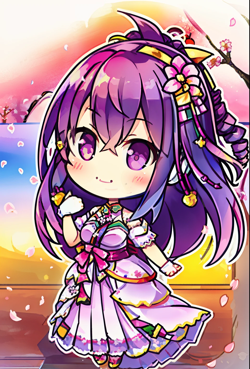 1 girl, purple hair, purple eyes with slit pupils, drill hair, Small breasts, ​master piece, Best Quality, Proportional body, Proportional, Wedding Dresses, white wedding dress, Long skirt, Wedding, Under the cherry blossom tree background, Cherry blossom petals are falling, plein air, Wedding, Upper body, The sky is beautiful, Both hands hold a bouquet of flowers, White Gloves, Make eye contact with the camera, gold headphones, (light_Smile:1.5), (Detailed hands and fingers:1.2)