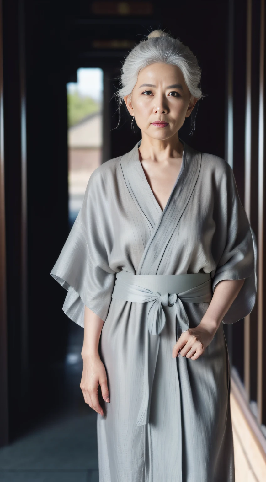 ((Best quality at best, 8K, tmasterpiece :1.3)), Focus sharp:1.2 , 真实感,(电影灯光),Facial detail texture. eye detailed. 二重まぶた, long slim figure. Breasts are super small, Sexy collarbone,70-year-old grandmother, Photorealistic:1.37,perfect eyes, ((1 old man in gray yukata)),(white sash),(Thick cloth),((Tattered linen)),With a petite figure,White hair,hair-bun,Qi bangs,standing in the snow,Place your hands behind your back,Full body like,short- sleeved,robe,folds,((solid color backdrop)),Front lens,There are several wrinkles on the face,Traditional Chinese women,treat kindly,white haired Cangcang,landscape temple background,in a temple,Sunnyday,Back to the bell tower,Full body lesbian,Full body like,street frontage