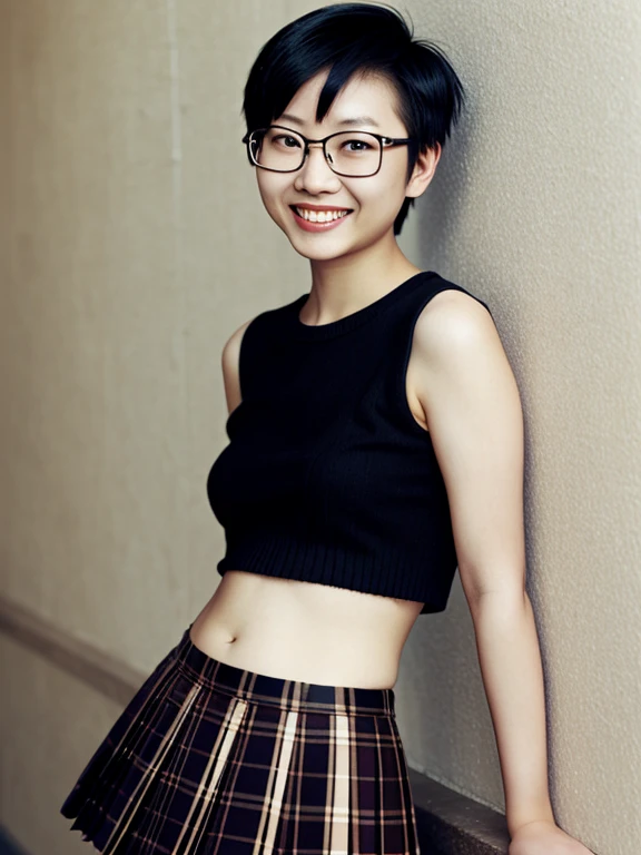 asian, glasses, topless, pleated skirt, smile, sexy pose, short hair