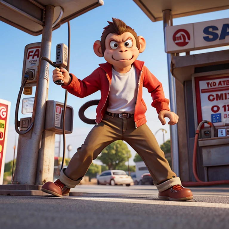 Monkey angry working at a gas station