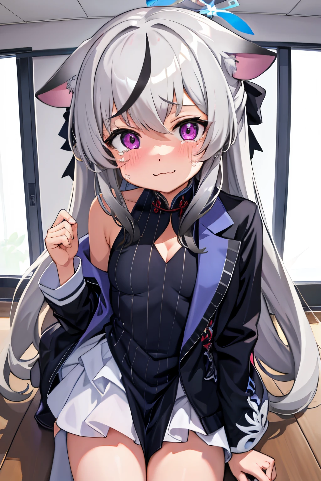 tmasterpiece， best qualtiy， ultra - detailed， 1girll，Gray hair Kokona， inside in room， Purple eye， ：3，the face， tears,   closeup cleavage,  at school