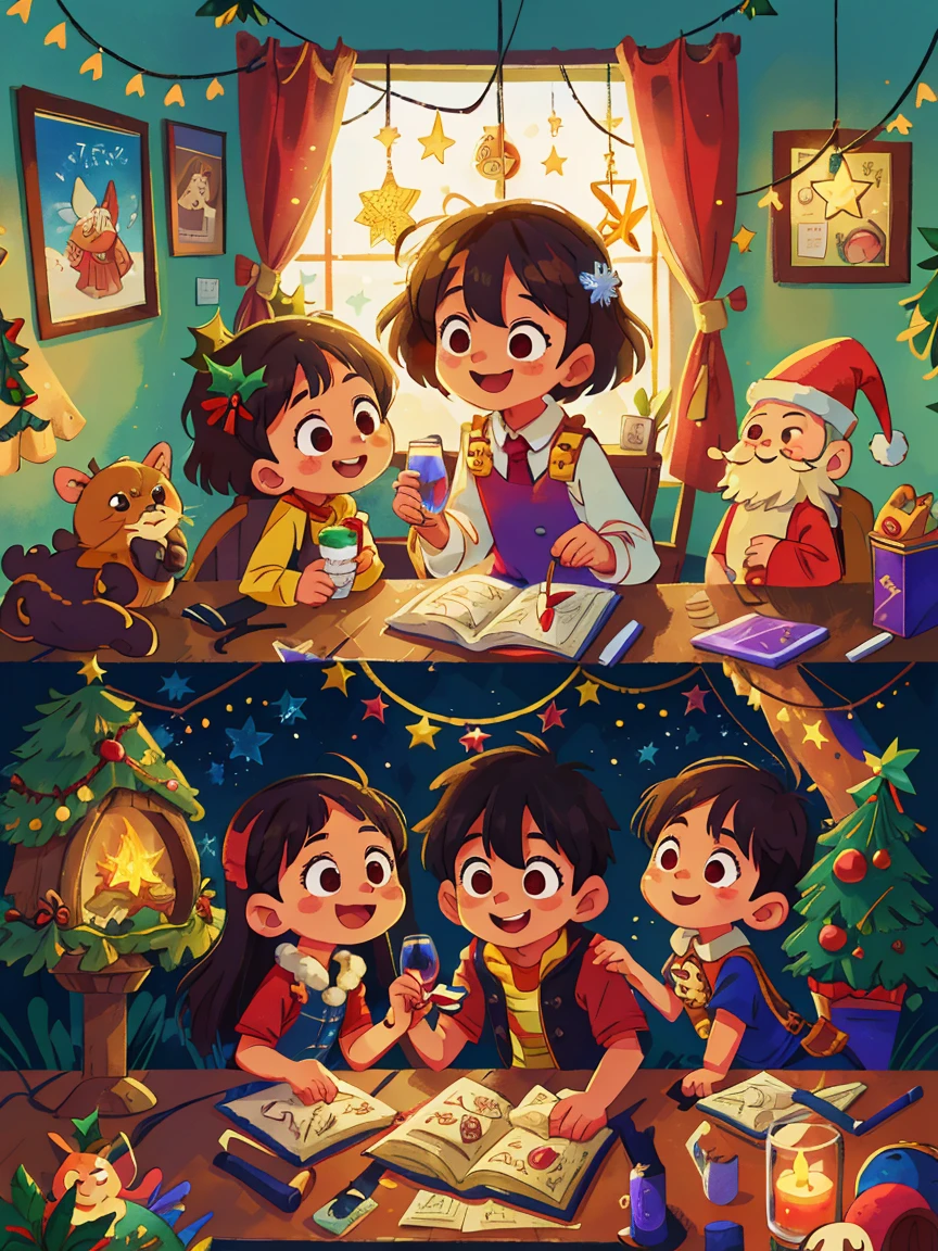 (Best quality, 8K, A high resolution, tmasterpiece:1.2), ultra - detailed, (actual, realistically:1.37), Vibrant colors, Magical atmosphere, Whimsical, ((sky full of stars,The North Star shines)), (((A male and female couple wearing Christmas costumes cuddling together, Smiling and looking at each other))), The room is decorated with a strong Christmas atmosphere, A string of shining colored lights hangs on the wall, Christmas wreath and little snowman on the windowsill, In the corner of the room stands a beautifully decorated Christmas tree. On a table, There are beautiful cutlery and red plates. In the center of the table, Have a sumptuous Christmas feast, Next to it is a bottle of red wine and two exquisite wine glasses. There are several scented candles lit in the room, It exudes a faint fragrance. Warm fire burning in the fireplace, Brings warmth and comfort to the entire room, Surreal, Psychedelic, Complicated details, Beautiful texture, Ethereal, like a dream, Soft glowing light, Charming Patterns, Fantasy creatures, Hidden surprises, dreamlike landscapes, Surreal color palette, Mystic aura, hyper realisitc, Enchanting journey, psychedelic trip, vivid imagination, immersive experience, Mysterious Christmas, otherworldly charm, glowing paths, Light up a magical Christmas, surreal sky, Whimsical themed festivals, a magical encounter, Fascinating artwork,(Ghibli-style colors, first person perspective, hyper HD, tmasterpiece, acurate, Anatomically correct, ctextured skin, super detailing, high detal, high qulity, Award-Awarded, Best quality at best, 8K)