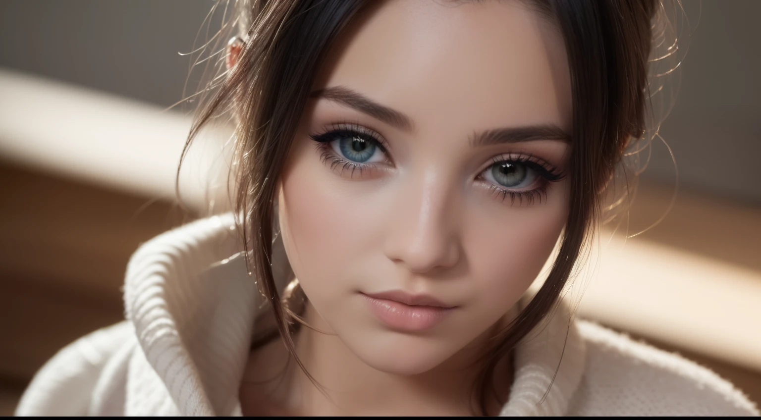 ((Best quality, 8k, Masterpiece, Sharp focus, 35mm lens, f/0.8, amazing beautiful perfect figure :1.4)), side lighting, ((natural medium breasts )), (white shoulder knit sweater:1.2),necklace, Highly detailed face and skin texture:1.2, Detailed black eyes:1.2, super detailed skin, shiny skin:1.2, Blushing , beautiful detailed makeup:1.2, high-fidelity bangs, brilliant tied hairstyle, from below, looking at viewer, wearing sexy lingerie, hair tie