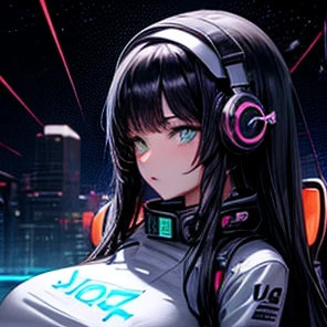 (female DJ), outer space, Mecha, long black hair, neon streams, massive boobs,