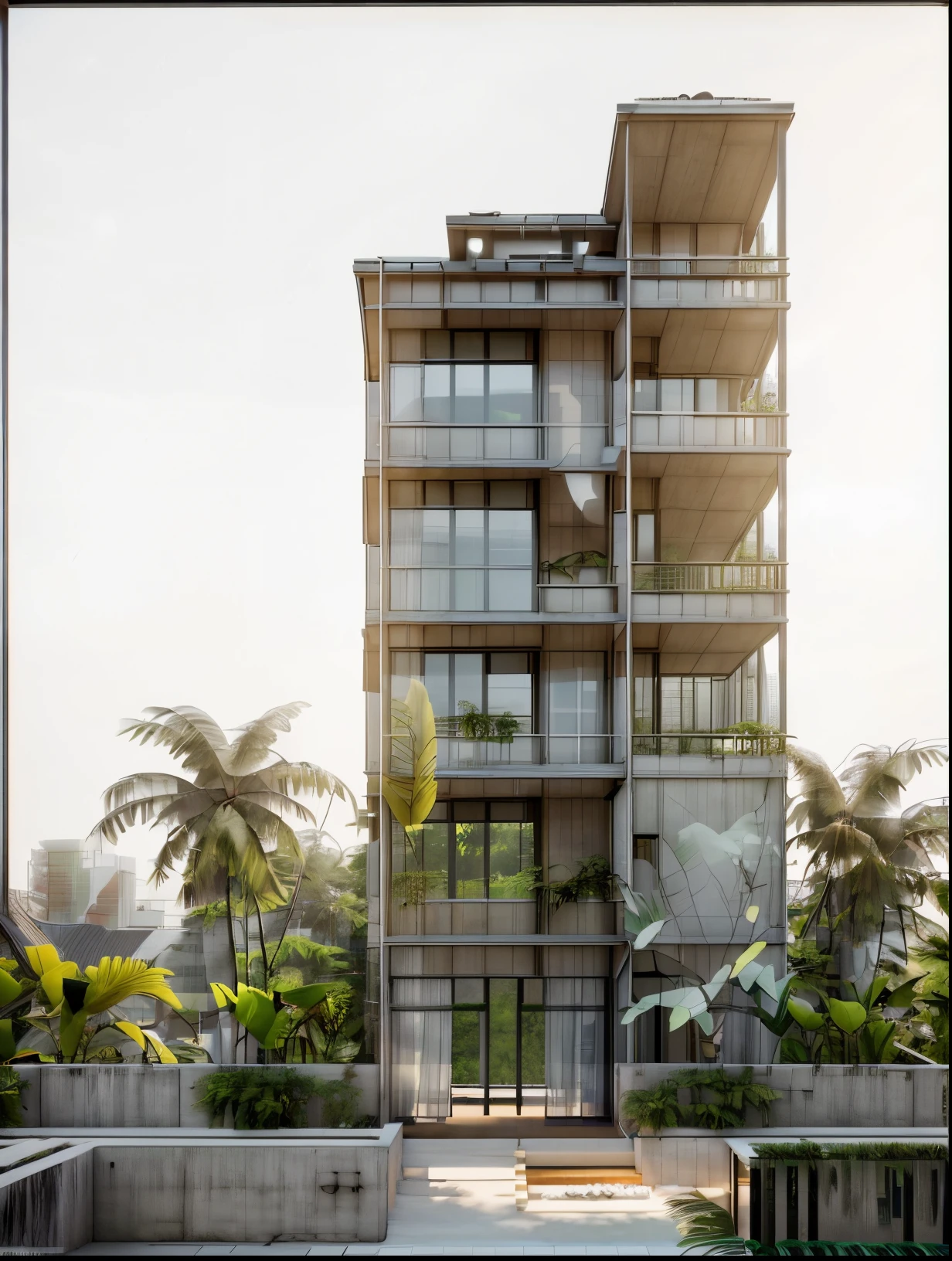 building shophouse, modern style, trees background, sunny day, Asian materials, concrete white material, warm light, luxurious and elegant, glass rail, plants on balcony, glasses window, photographic, realistic photo, rendered in 3dsmax, rendered in vray, high quality,light in house