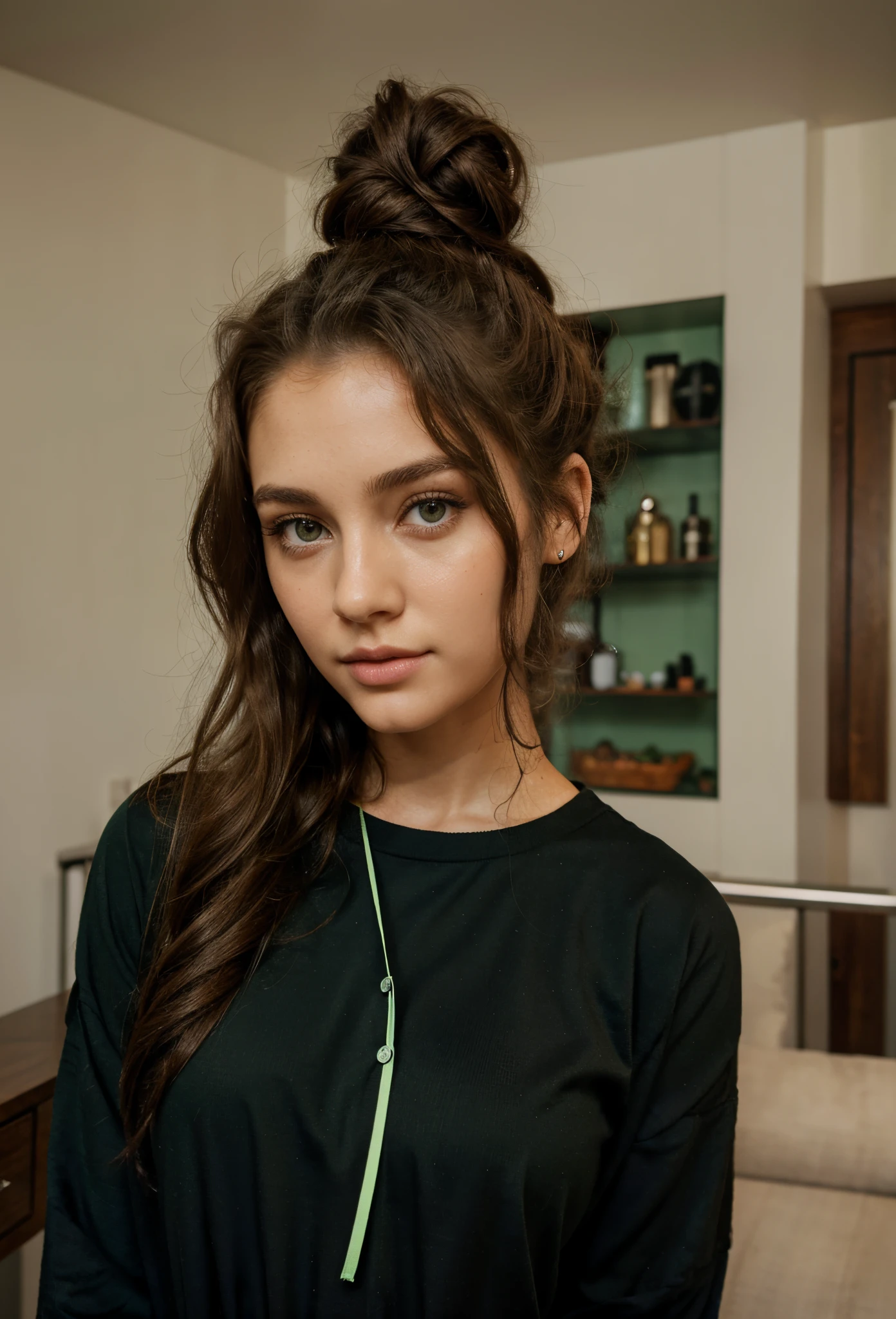 arafed woman with long curly hair and posing for a picture, soft portrait shot 8 k, young beautiful woman, with green eyes, beautiful young woman, with stunning green eyes, photo of a beautiful woman, a beautiful young woman, very beautiful young woman, portrait of a beautiful model, girl with brown hair, dreamy green eyes selfie with black clothes, black city clothes, hair up in a messy bun, beautiful hair, clothes are black, hair up in a bun