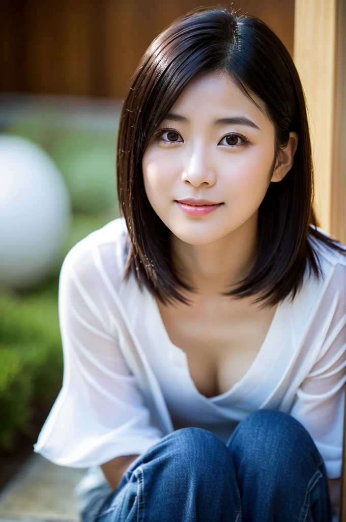 (8K、top-quality、​masterpiece:1.2)、(reallistic、Photorealsitic:1.2)（ultra-detailliert、hight resolution）(Slouched:1.3)、crouching down、(From  above:1.2)、(a closeup:1.4)Open your legs、（Sit with your knees upright:1.4）downbrouse、(Play Cajon)、Smirk,Alafed Girl, chiho, iwakura lain, closeup Iwakura Lain, With short hair, Shiori Teshirogi, Kotegawa Yui, hime-cut, She is 30 years old, sui ishida with black hair, lain iwakura, girl cute-fine-face, Clear pubic contours,(Small breasts), hight resolution, ighly detailed, top-quality, [​masterpiece:1.6],, ighly detailed, nffsw, finely detail, top-quality, , Cinematographic lighting, 1womanl、Cute Japan Woman、perfect body type、, cute droopy eyes beautiful big eyes、Transcendent beauty　top-quality、​masterpiece、majicMIX Real、(Raw photography:1.2)、(Photorealsitic:1.4)、Room at home、Shot from above　Negative Prompt