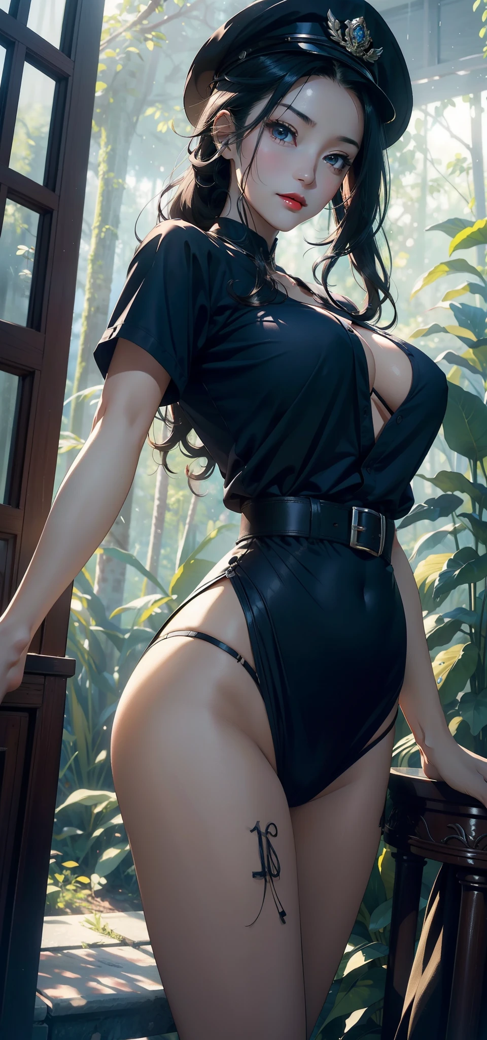 1female，45 yers old，Married woman，legs long, Slim waist， photo exposure， 独奏，（Background with：at a forest，the rainforest，in summer） She has long black hair，Redlip，Stood up，seen from the front， curlies， The sky is mostly cloudy，（（（tmasterpiece），（Very detailed CG unified 8k wallpaper），Best quality at best，电影灯光，detailed back ground，Beautiful right eye pupil，（very delicate beautiful），（Beautiful and detailed eye descriptions），ultra - detailed，tmasterpiece，）），facing at the camera，A high resolution，ultra - detailed），Revealed，equipment， convex，Camel toes，Raised sexy，plat，military hat（dressed in：，navy shirt，）