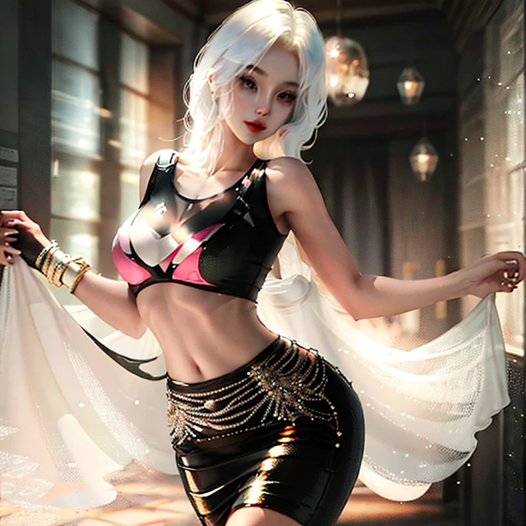A beautiful sexy girl, adorable, medium breasts, slender waist, wearing tight skirt and white top, full body scene