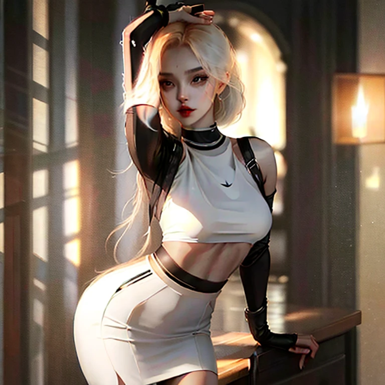 A beautiful sexy girl, adorable, medium breasts, slender waist, wearing tight skirt and white top, full body scene