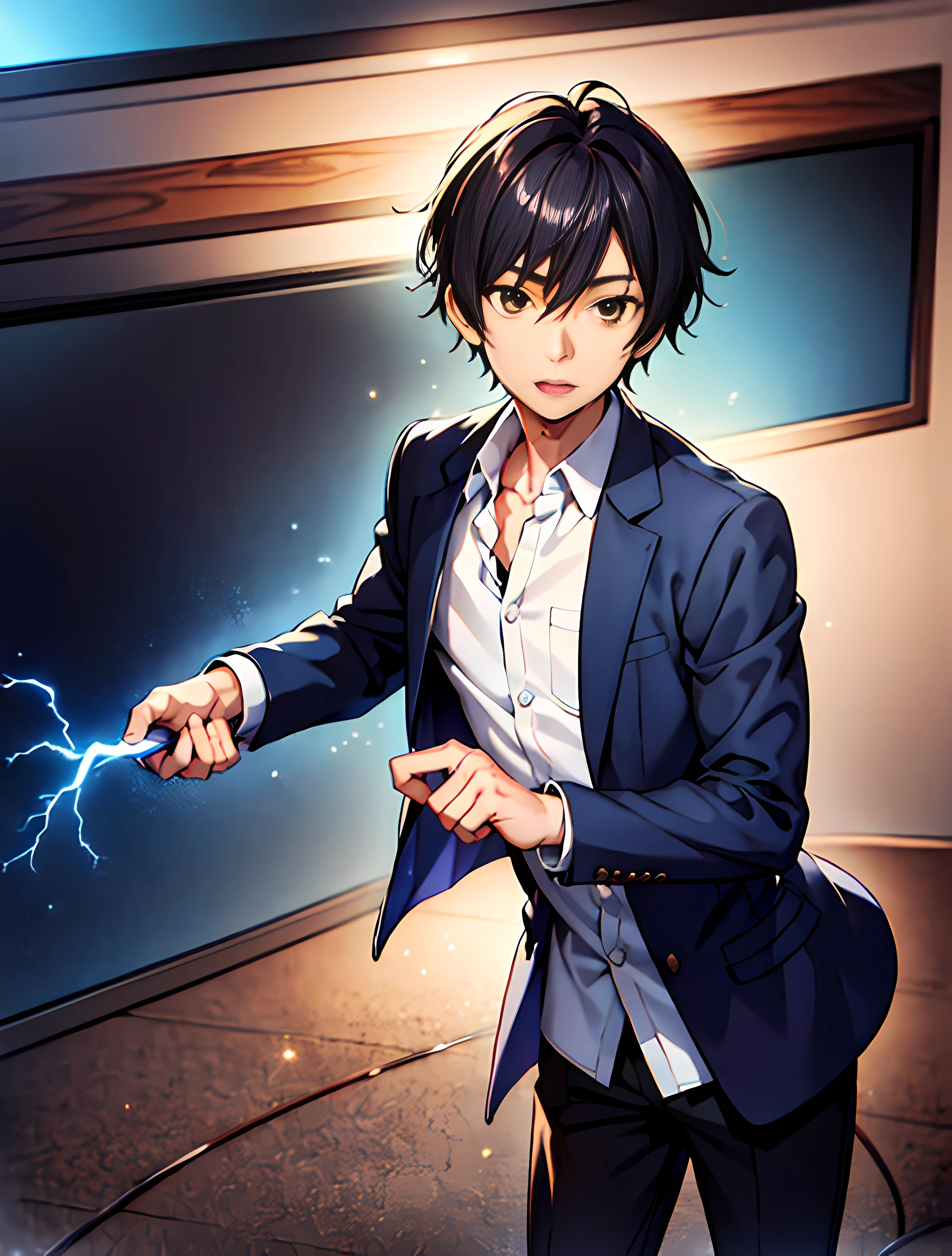 (17-year-old young man in soul body with blue and black lightning particles emitting around it), 3D rendering, movie special effects, movie lighting, city in ruins, clear HD, 8K resolution, very detailed, digital painting, concept art, Shinkai Makoto style, pop popularization trend, pop, pop trend, pop trend on pixiv.