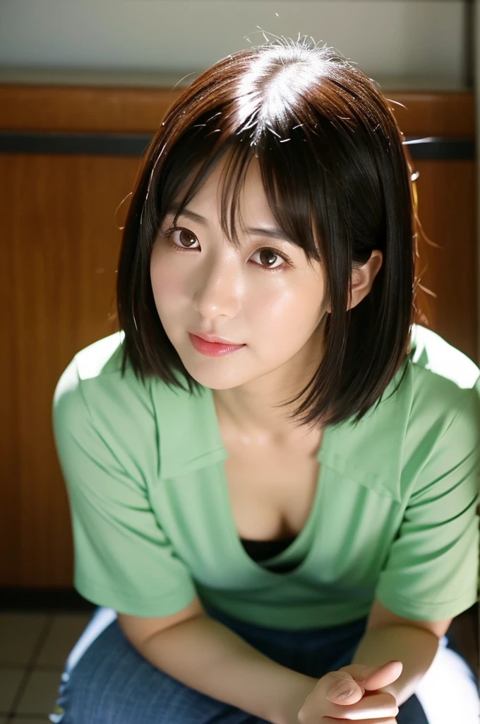 (8K、top-quality、​masterpiece:1.2)、(reallistic、Photorealsitic:1.2)（ultra-detailliert、hight resolution）(Slouched:1.3)、crouching down、(From  above:1.2)、(a closeup:1.4)Open your legs、（Sit with your knees upright:1.4）downbrouse、(Play Cajon)、Smirk,chiho, iwakura lain, closeup Iwakura Lain, With short hair, Shiori Teshirogi, Kotegawa Yui, hime-cut, She is 28 years old, sui ishida with black hair, lain iwakura, girl cute-fine-face, Clear pubic contours,(Small breasts), hight resolution, ighly detailed, top-quality, [​masterpiece:1.6],, ighly detailed, nffsw, finely detail, top-quality, , Cinematographic lighting, 1womanl、Cute Japan Woman、perfect body type、, cute droopy eyes beautiful big eyes、Transcendent beauty　top-quality、​masterpiece、majicMIX Real、(Raw photography:1.2)、(Photorealsitic:1.4)、Room at home、Shot from above　Negative Prompt