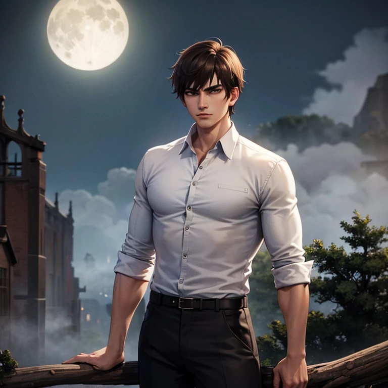 man, 18 years old, brown hair, brown eyes, white shirt, black pants, serious face, serious look, haunted scenery, dead tree, full moon, lots of fog.