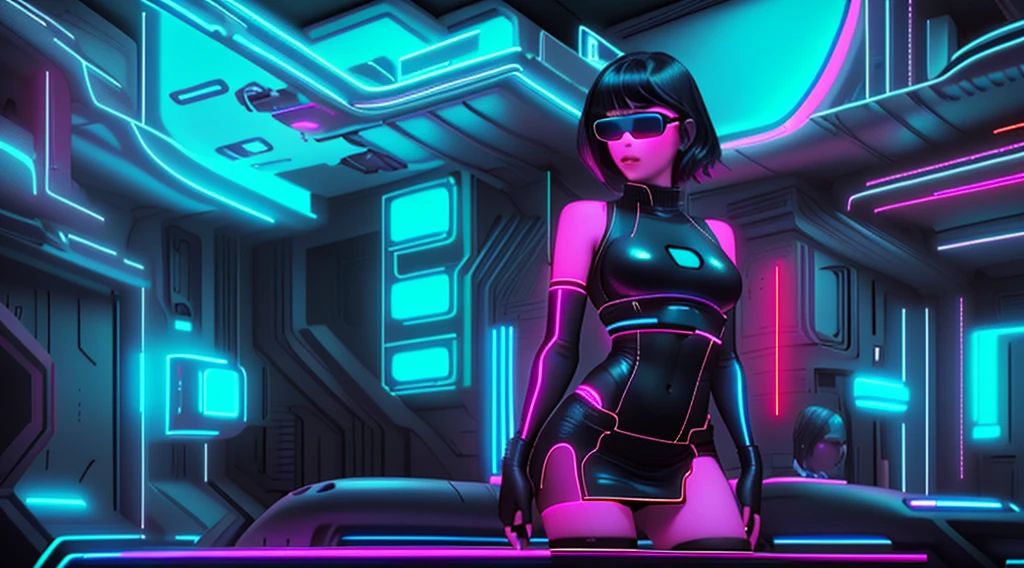 at night, 1girl, solo, a beautiful hotsexy large-breasted slim woman, black hair, black sunglasses, mini skirt, looking screen, blurry sci-fi hologram as background, neon paintings, half-body thigh level medium shot