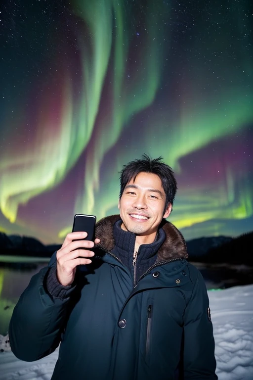 Handsome Japanese man with smartphone,a man in his 40s,a smile,You can see the Northern Lights
