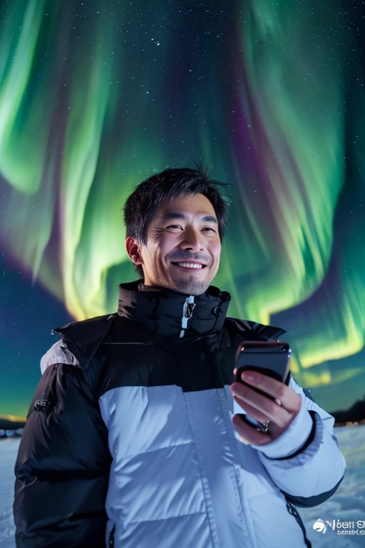 Handsome Japanese man with smartphone,a man in his 40s,a smile,You can see the Northern Lights