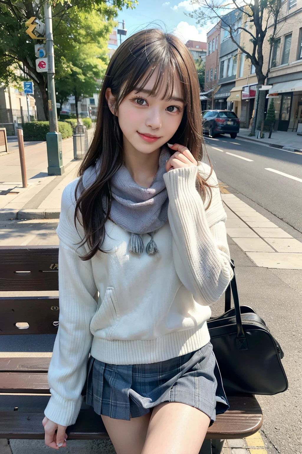 Top image quality、masterpiece、超A high resolution、Raw photography、(Photorealsitic:1.4)、1 girll、A detailed face、cowboy shot、(a miniskirt、Muffler on the neck:1.5)、 long dishevelled silver-haired:1.5、Bokeh、Beautiful light inodell pose、slender、韓国アイドル、、(A smile:1.5)、Street Trees、sit on a bench、