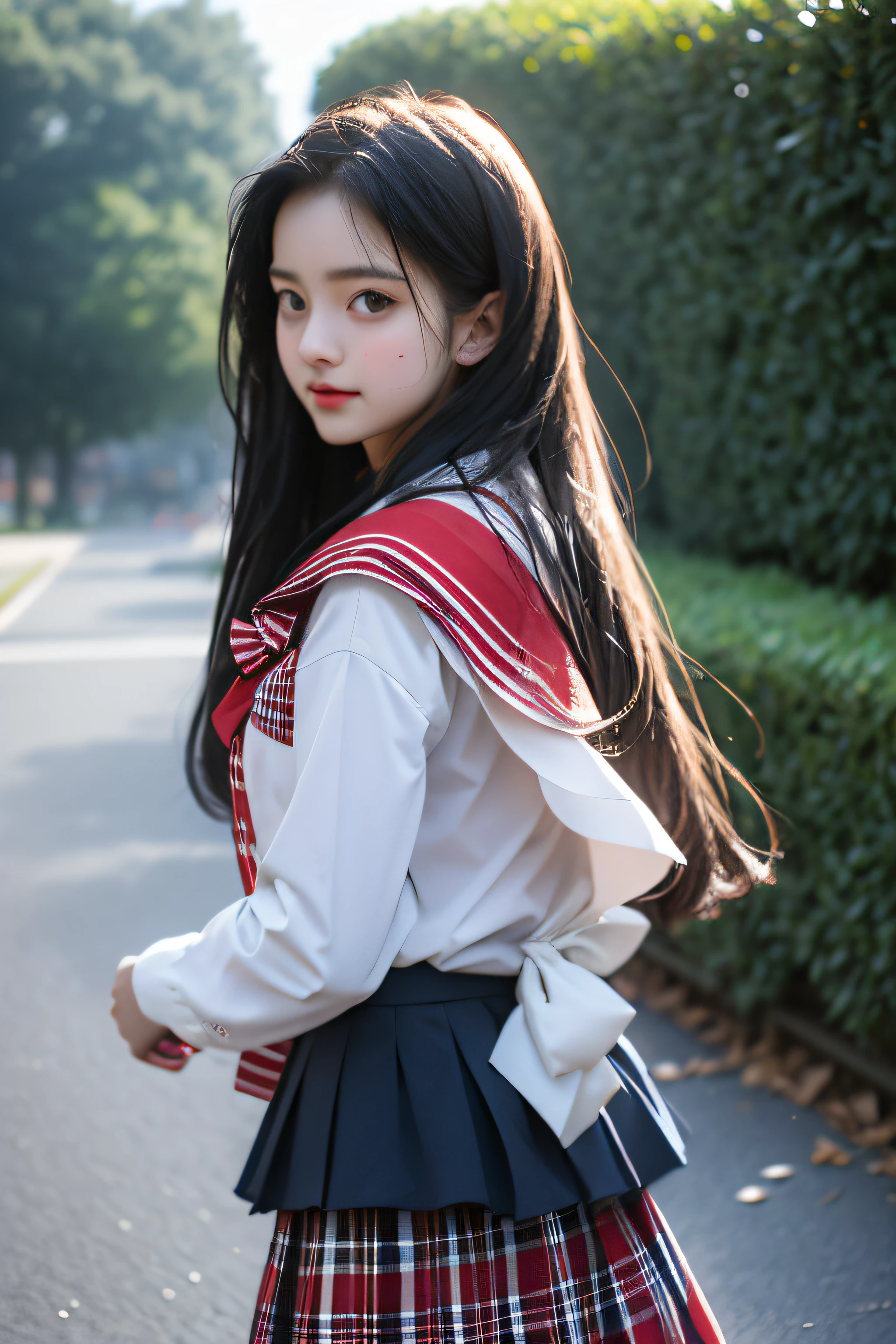 (Girls standing in front of the school gate),((posterior view)),((turned around)),Charming eyes,Heartwarming action,Turn your face away from the camera,stooped,Bend over,turn back,Look up at your head,thick long hair,Highly detailed body,Highly detailed face,best qualtiy, female students、(White blouses), red bowtie、(Navy checkered skirt)、White high sockrack loafers