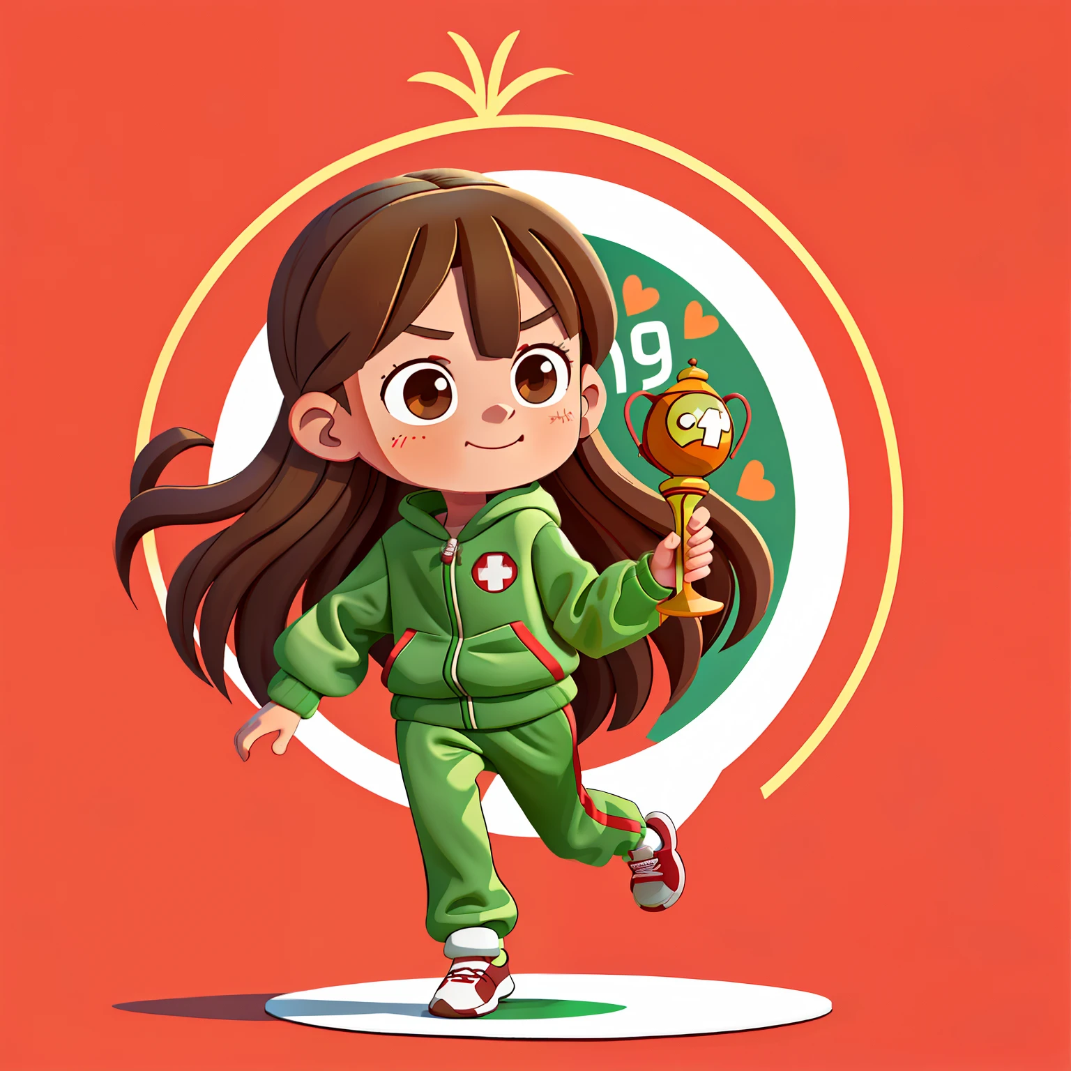 Girl with long brown hair，Wear a red long-sleeved tracksuit，Long green sweatpants，playground，tournament winner（Holding the championship trophy in hand）（first place in running）in the early morning，（There is love）Happy，Surrounded by love，Surrounded by love，O sign，vector，line art，designs，inspiration，straight line，RHAD