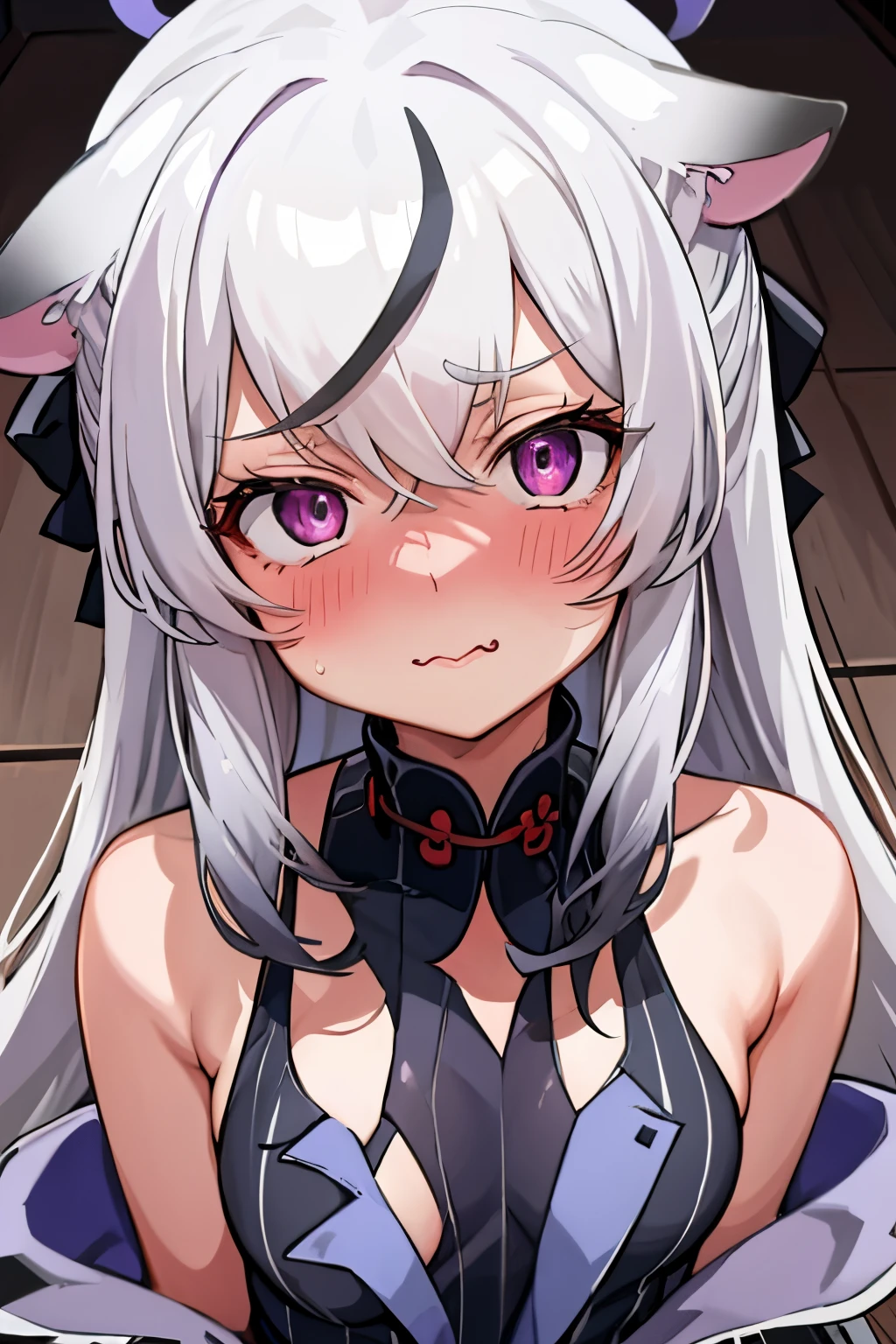 1girl, kokona, indoors, purple eyes, white hair, :3 mouth, embarrassed, beautiful eyes, beautiful lips, shiny lips, extremely detailed eyes and face, long eyelashes, close-up, warm lighting, vibrant colors, looking at the viewer, embarrassed look, blush, in a bikini, on the beach