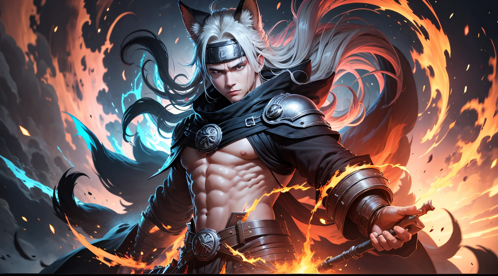 "An illustration of Naruto, the famous anime character, in his powerful form, with determined eyes and the headband of the Village Hidden in the Leaves around his forehead. He stands in a dynamic pose, exuding energy and determination. Behind him, the imposing silhouette of the Nine-Tailed Fox emerges amidst a whirlwind of intense blue flames. Each of the nine tails glows vibrantly and ominously, while the fox glares with fierce eyes, radiating an aura of immense power. The surrounding scene might depict the aftermath of battle, trees swaying in the forceful wind, or reflections of flames mirrored in the clouds, accentuating the intensity of this epic moment." --auto --s2