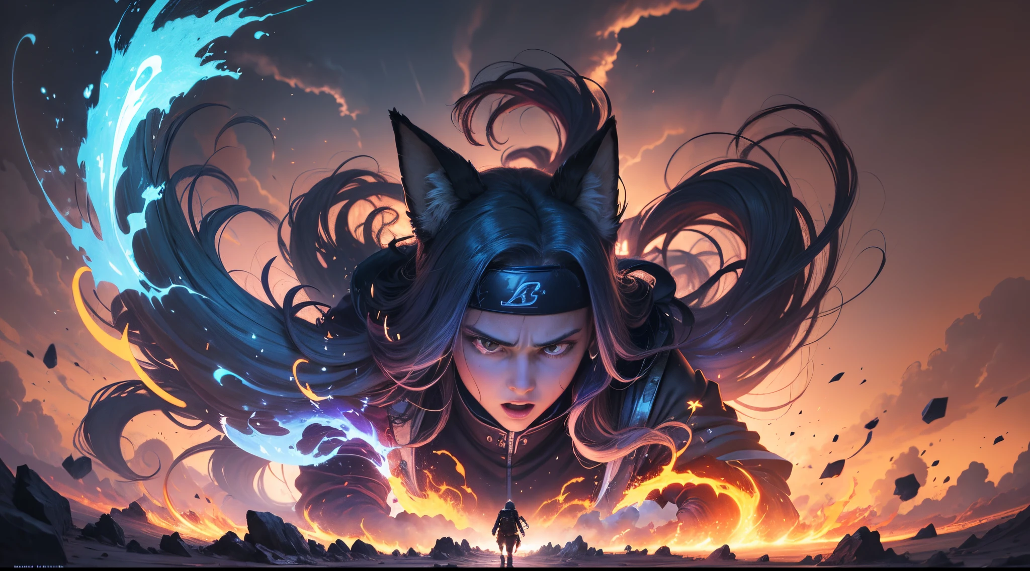 "An illustration of Naruto, the famous anime character, in his powerful form, with determined eyes and the headband of the Village Hidden in the Leaves around his forehead. He stands in a dynamic pose, exuding energy and determination. Behind him, the imposing silhouette of the Nine-Tailed Fox emerges amidst a whirlwind of intense blue flames. Each of the nine tails glows vibrantly and ominously, while the fox glares with fierce eyes, radiating an aura of immense power. The surrounding scene might depict the aftermath of battle, trees swaying in the forceful wind, or reflections of flames mirrored in the clouds, accentuating the intensity of this epic moment." --auto --s2