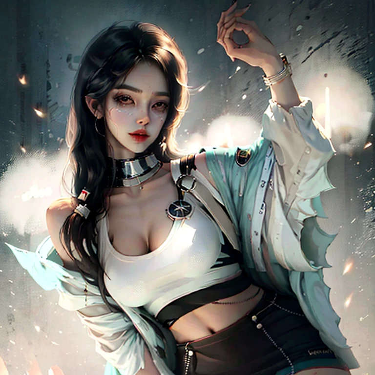 A beautiful girl, long black hair, patch over her left eye, sexy, adorable, big breasts, slender waist, wearing tight skirt and white top, full body scene
