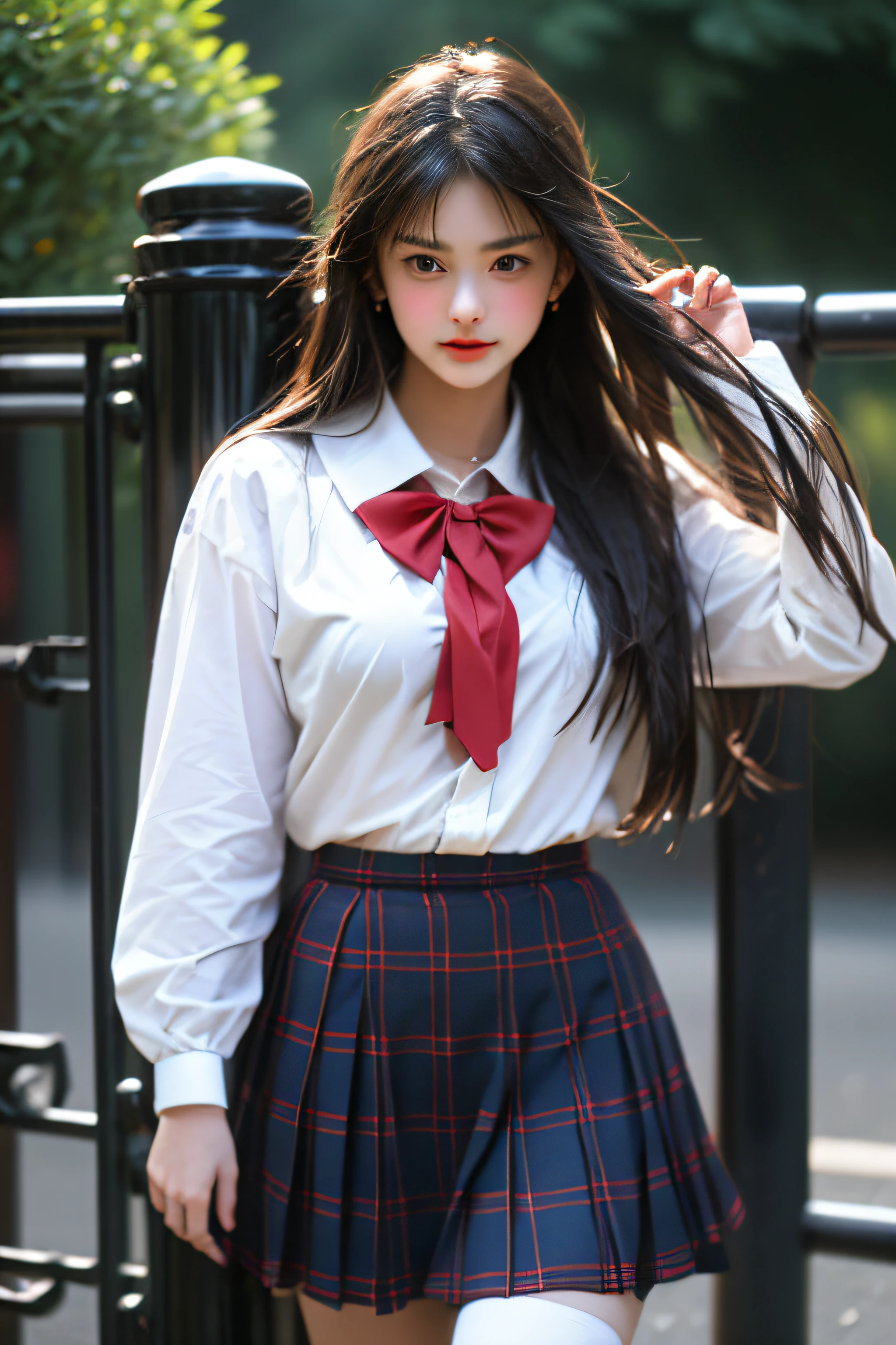 (girl standing in front of the school gate)，wet​，Charming eyes，Heartwarming action，Turn your face away from the camera，stooped，Bend over，turn back，Look up at your head，thick long hair，Highly detailed body，Highly detailed face，best qualtiy,　female students、(White blouses),　red bowtie、Check skirt、White high sockrack loafers