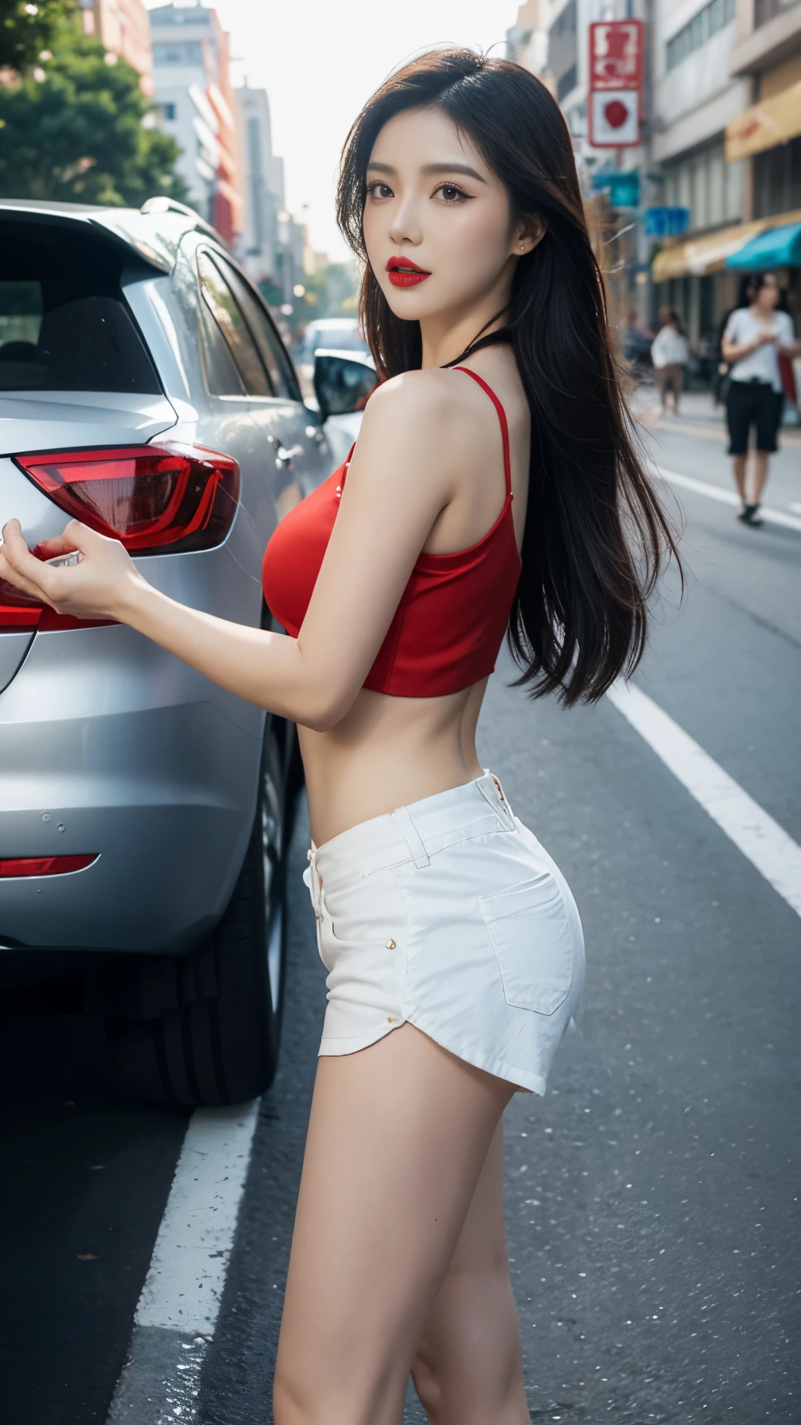 Beautiful Girl, makeup, Red lips, big breasts, medium body, thigh, trang phục thời trang đường phố, crop top, Tight shorts, style streel, streetscape, traffic, Look at the viewer,