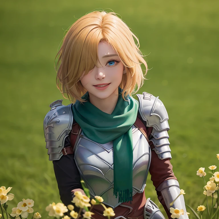 (({{masterpiece,best quality,ultra-detailed}}))  1girl, grass field,flower,wariza,looking at viewer,blonde short hair, armor, red hair band, breastplate,shoulder armor, bangs , (armor bootoots ,, green scarf ,armored boots,upper body, hair over one eye ,hair over one eye ,blue eyes ,gloves ,holding ,pantyhose ,