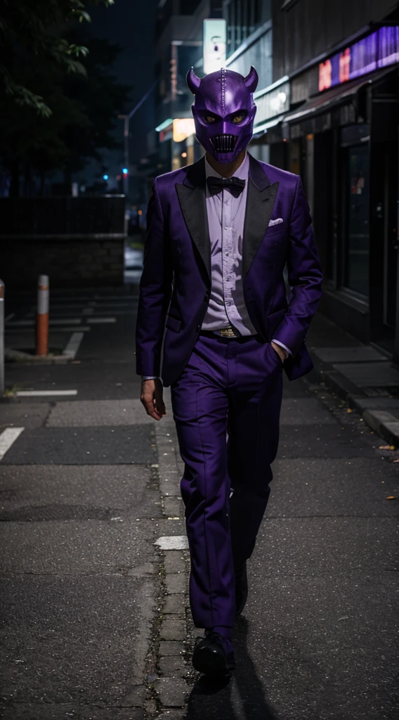 Man in monster mask walking with hands in pocket and background full of purple rays
