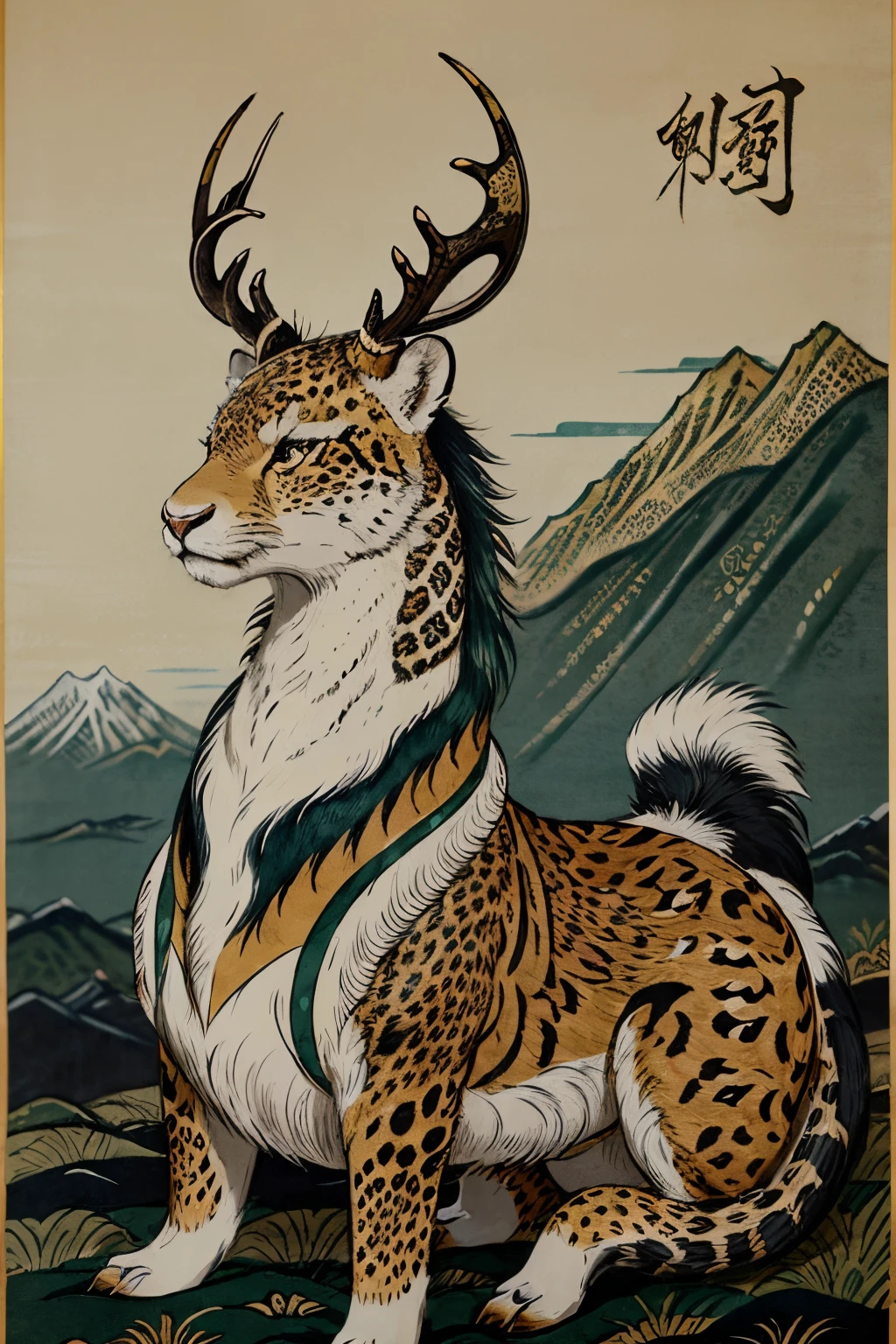 The Book of Mountains and Seas Chinese Painting Hand-painted style Ukiyo-e style Gold and dark green color matching god beast Fei Lian (with a deer-like body, covered with leopard-like patterns. His head was like that of a peacock, with strange horns and a snake-like tail) against a background of mountains and sea