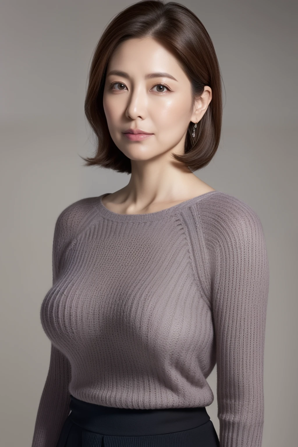 hight resolution, high-level image quality, high detailing, ​masterpiece, Textured skin, tre anatomically correct, sharp, greybackground((japanese mature, 50 years old)), 独奏, ((Wrinkles on the face)), large breasts with good shape, Light brown straight hair that reaches to the shoulders, chubby figure (((Stand upright facing the center of the screen))), Close your mouth and look straight ahead with a serious face, Sweaters, skirt by the, ((cowboy  shot)),