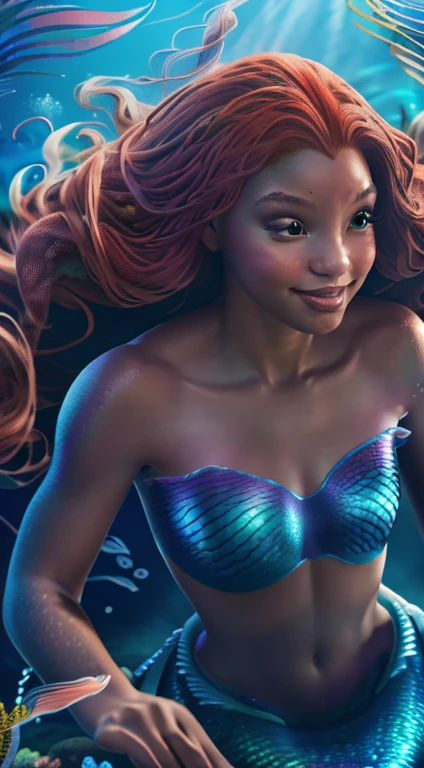 (HB_ariel) Create a highly detailed and photorealistic image of a black girl version of Disney's 'The Little Mermaid.' She should have long red dreadlocks and be portrayed in an immersive sea environment with light rays, exuding a sensual and elegant vibe. happy face. Utilize a long shot or medium shot to capture her in the enchanting underwater environment, emphasizing her allure. Render the image with Unreal Engine 5 and apply the Octane render plugin for lifelike results