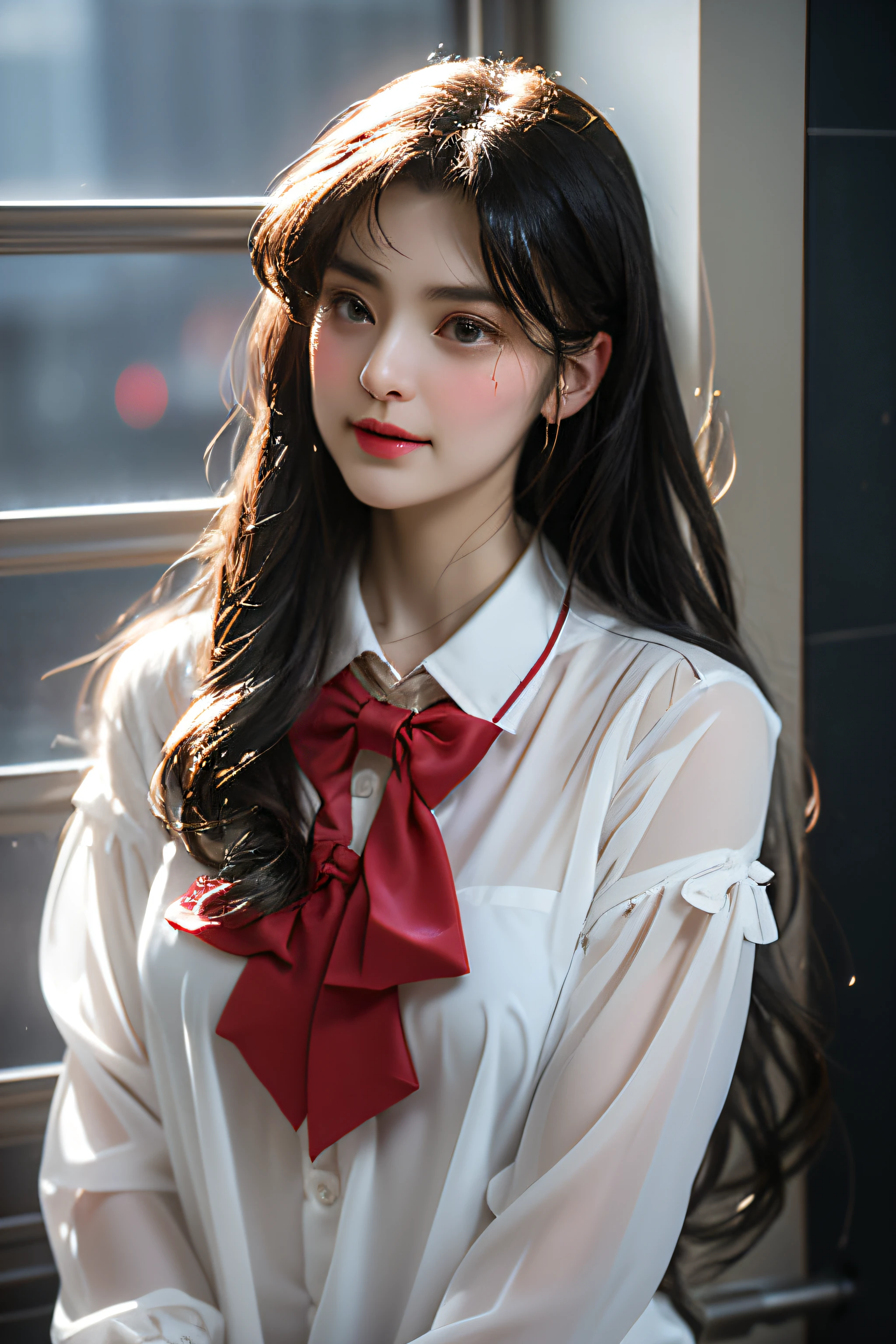 in a bathroom，wet​，Charming eyes，Heartwarming action，Turn your face away from the camera，stooped，Bend over，turn back，Look up at your head，thick long hair，Highly detailed body，Highly detailed face，best qualtiy,(Translucent white blouse),red bowtie、((The erection))