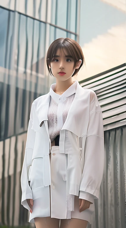 8k ultra high definition，largeeyeoe，Short hair，Pure，prette，adolable，White transparent clothes look like nothing is worn，Bathe in the rain