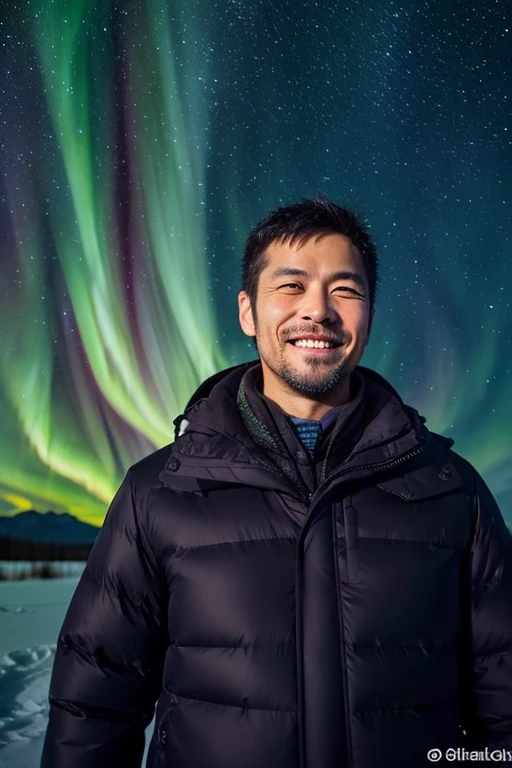 Handsome Japanese man with smartphone,40 years old man,a smile,You can see the Northern Lights,Handsome guy with a short beard
