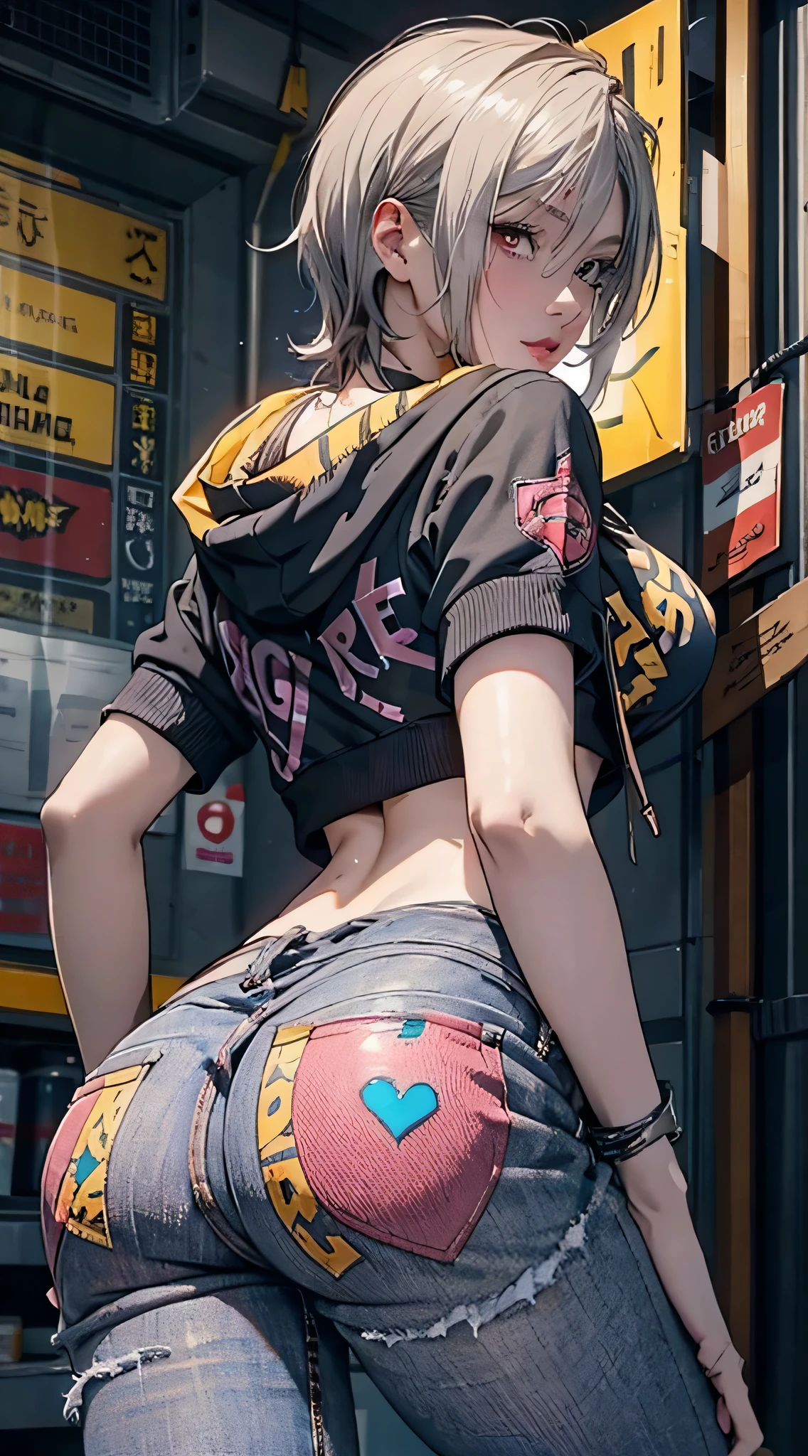 (NSFW),Superstar、Professional Woman Photography, drooing eyes、arms from the front,Lover's perspective,  Cyberpunk 2077 Judy。Gentle sister、beautiful mafia woman photo, ((Punk style)), pantyshot,双臂在头后, ((blue and gold hoodie, Ripped jeans,pink buckle、Peach-colored hair)), Realistic, Beautiful lips, Brown eyes, of the highest quality, Ultra Detail, trending on artstationh,  Mature beautiful face,  Back lighting,