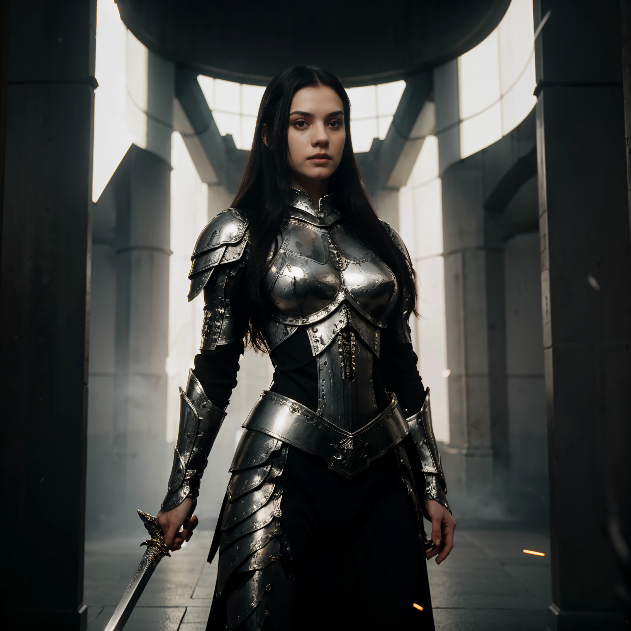 imperial army white skinned woman with straight dark black hair holding silver sword full body representation