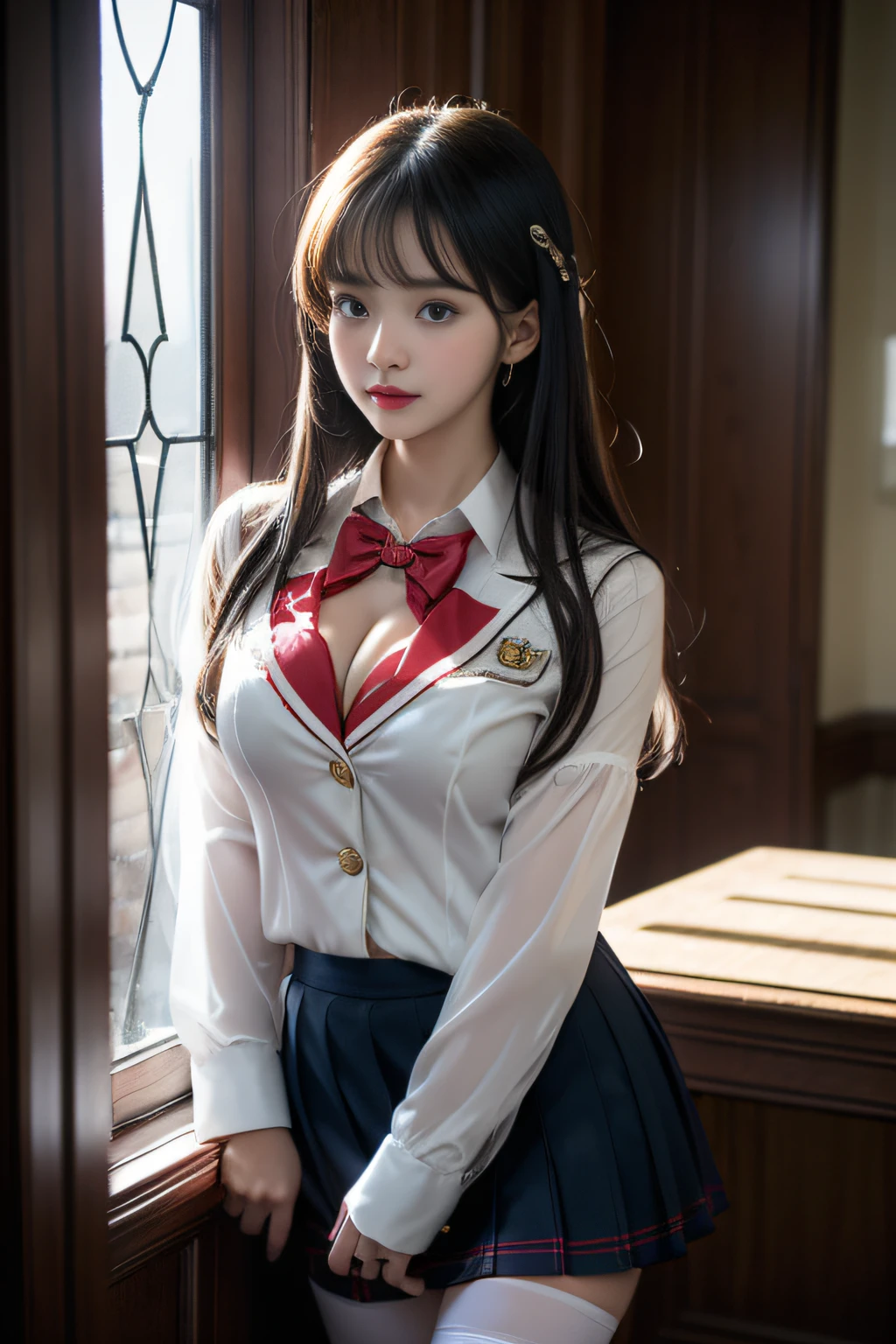 ( i'me standing in a cute room),Charming eyes,Heartwarming action,Turn your face away from the camera,stooped,Bend over,turn back,Look up at your head,thick and long black hair,Highly detailed body,Highly detailed face,best qualtiy、(P boobs boobs iNK underwear),(High School Girls),((White Blazer、emblem on breasts))、((Translucent blouse)),((red bowtie)),((navy check flare skirt)),(Black stockings)、