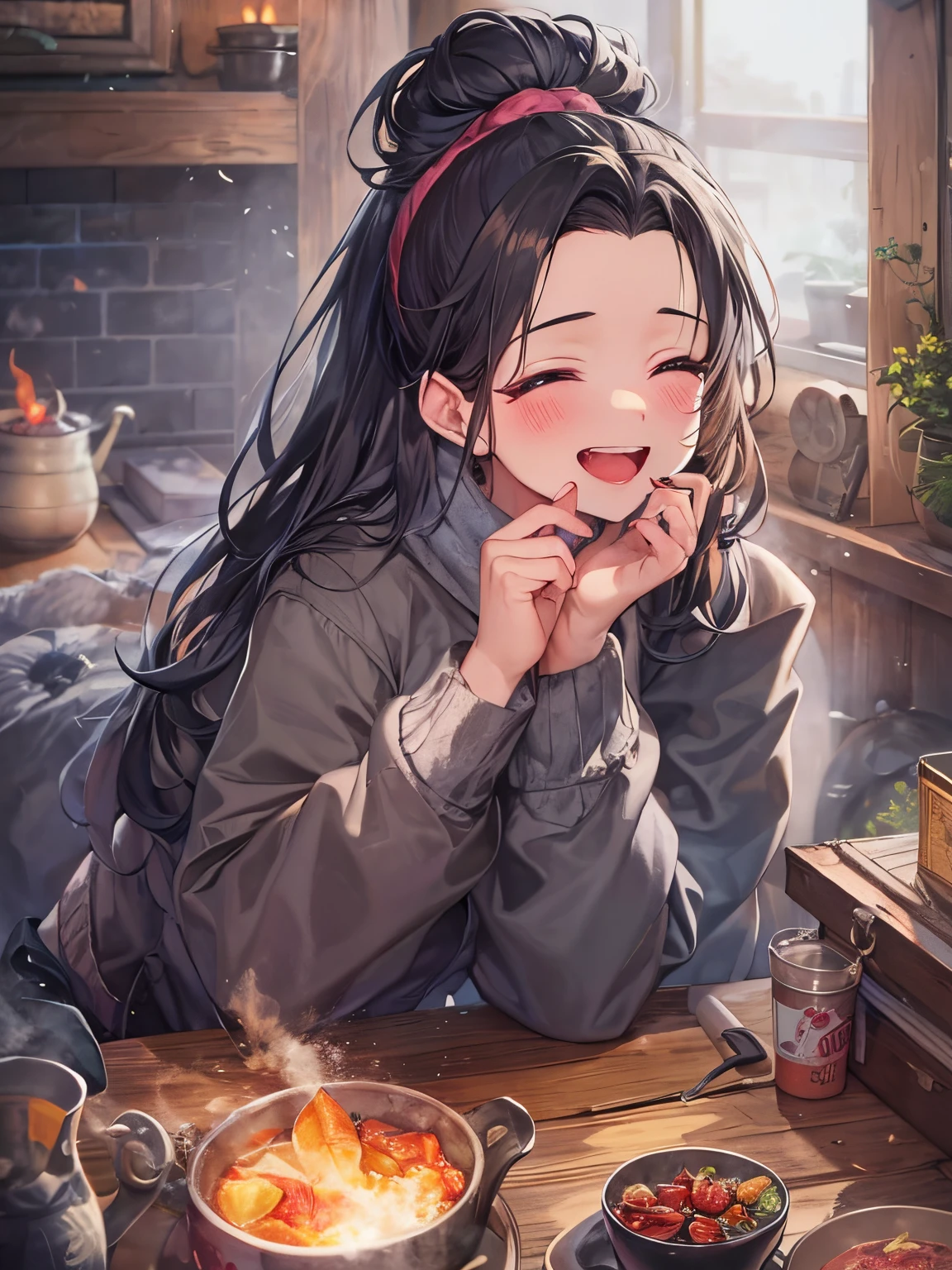 masterpiece、top-quality、looking at the viewers、tie long hair up、(hair wavy:0.7)、Colorful casual attire、A black-haired woman smiling happily with her mouth open,keep warm by the hearth、Too much steam
