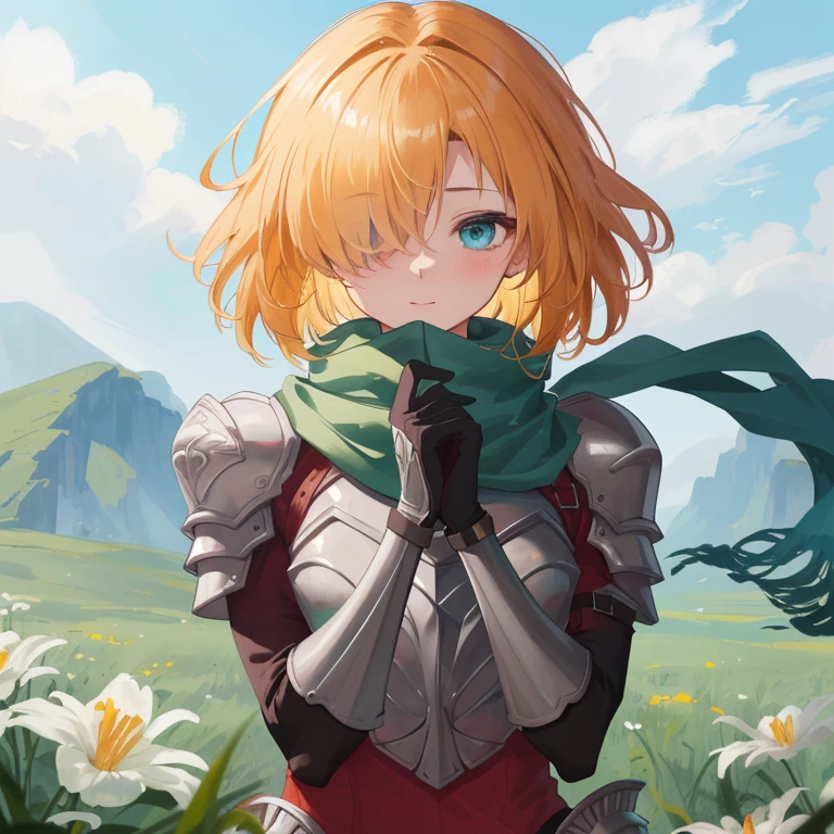 (({{masterpiece,best quality,ultra-detailed}})) 1girl, grass field,flower,wariza,looking at viewer,blonde short hair, armor, red hair band, breastplate,shoulder armor, bangs , (armor bootoots ,, green scarf ,armored boots,upper body, hair over one eye ,hair over one eye ,blue eyes ,gloves ,holding ,pantyhose ,
