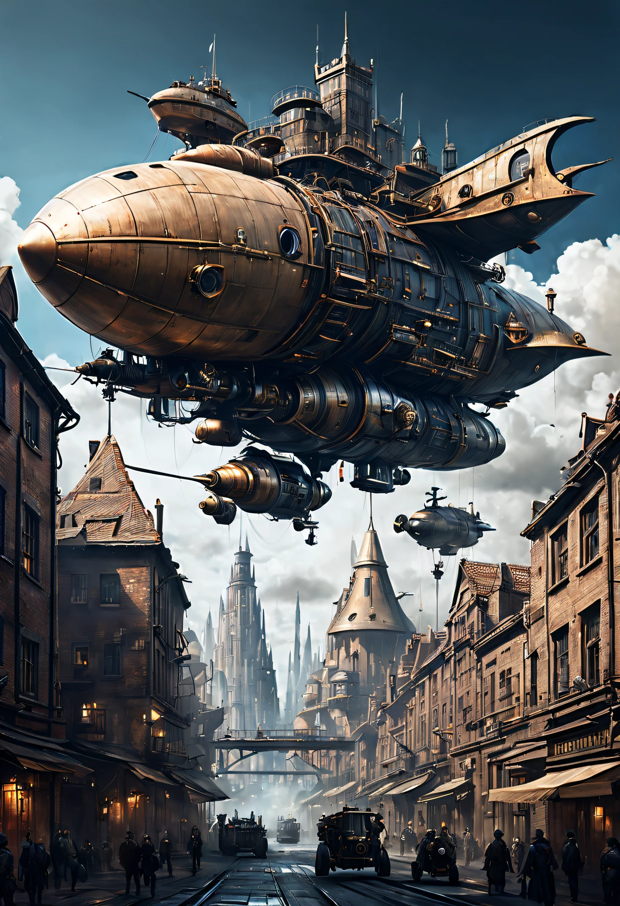 A fascinating blend of medieval and futuristic elements, Where the past and the future collide harmoniously. Imagine a world where towering castles and fortified walls coexist with advanced technology and fashion, futuristic building,A steam-powered ship flies over a cityscape, Surrealist illustration style, pile/stack, Superlarge objects, Stunning ocean scene, Meticulous military scenes, Spas, PS1 Graphics, mechanical realism style, Superlarge objects, pile/stack, fire core, Andrzej Sekut, piratepunk, low angles,The ship is flying over some buildings in the city, Steampunk design style, Realistic exaggeration of photos, pile/stack, Meticulous military scenes, Cloud core, automatism, sky blue and beige,Sci-fi painting by Nexos，Depicts a spaceship and some ships over the city, Steampunk creature style, photorealism techniques, installation creator, Typology of the Becher couple, Dieselpunk, Playful scene, Large projects