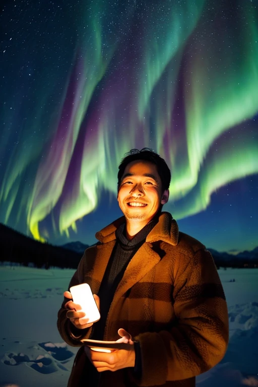 Handsome Japanese man holding a smartphone in his hand,40 years old man,a smile,You can see the Northern Lights,Handsome guy with a short beard
