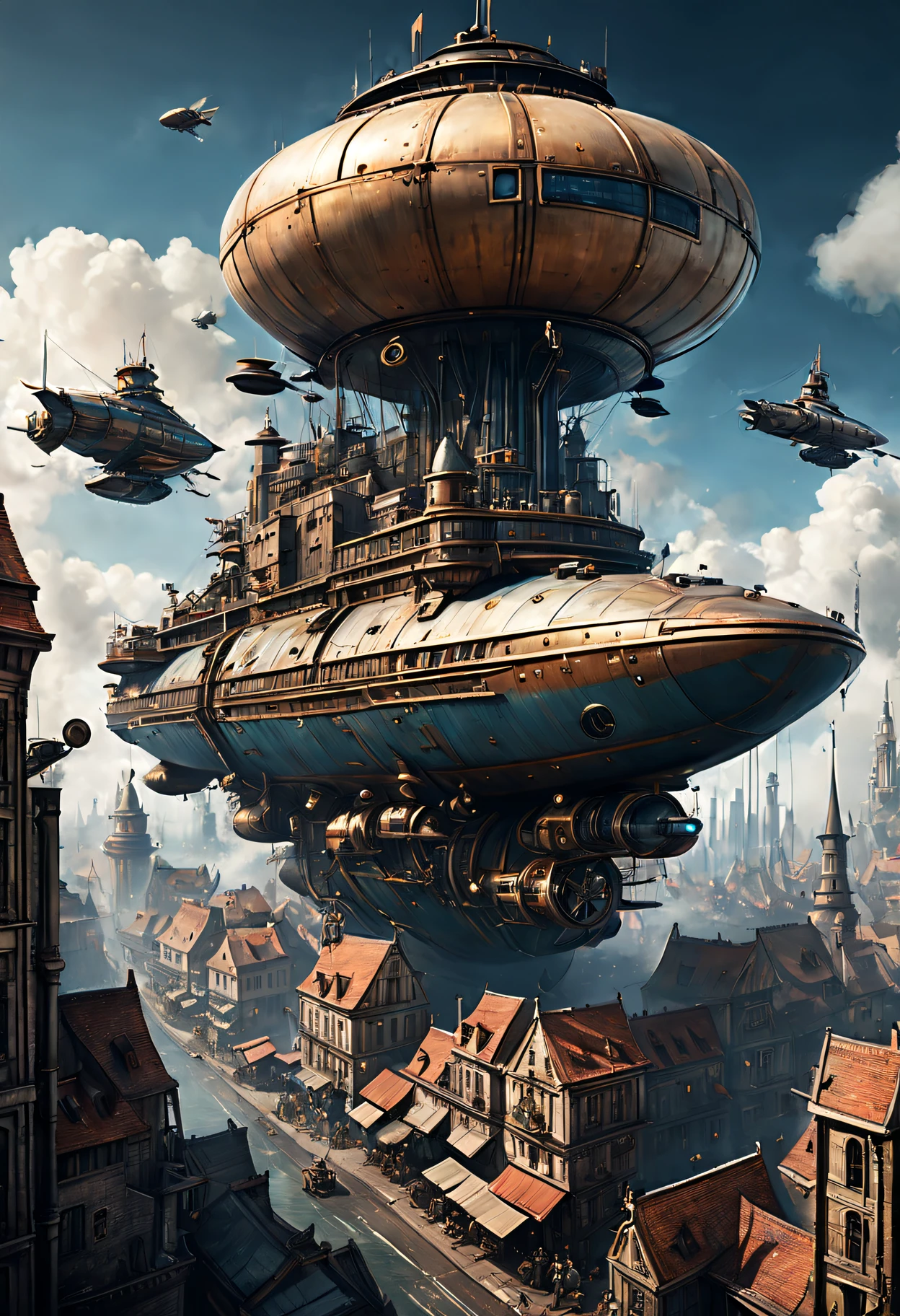 A fascinating blend of medieval and futuristic elements, Where the past and the future collide harmoniously. Imagine a world where towering castles and fortified walls coexist with advanced technology and fashion, futuristic building,A steam-powered ship flies over a cityscape, Surrealist illustration style, pile/stack, Superlarge objects, Stunning ocean scene, Meticulous military scenes, Spas, PS1 Graphics, mechanical realism style, Superlarge objects, pile/stack, fire core, Andrzej Sekut, piratepunk, low angles,The ship is flying over some buildings in the city, Steampunk design style, Realistic exaggeration of photos, pile/stack, Meticulous military scenes, Cloud core, automatism, sky blue and beige,Sci-fi painting by Nexos，Depicts a spaceship and some ships over the city, Steampunk creature style, photorealism techniques, installation creator, Typology of the Becher couple, Dieselpunk, Playful scene, Large projects
