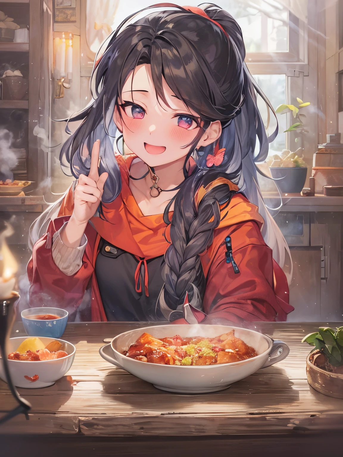 masterpiece、top-quality、looking at the viewers、tie long hair up、(hair wavy:0.7)、Colorful casual attire、A black-haired woman smiling happily with her mouth open,keep warm by the hearth、Too much steam